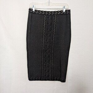 Max Studio Knit Pencil Midi Skirt Black & Beige Textured Pull-On Size Medium